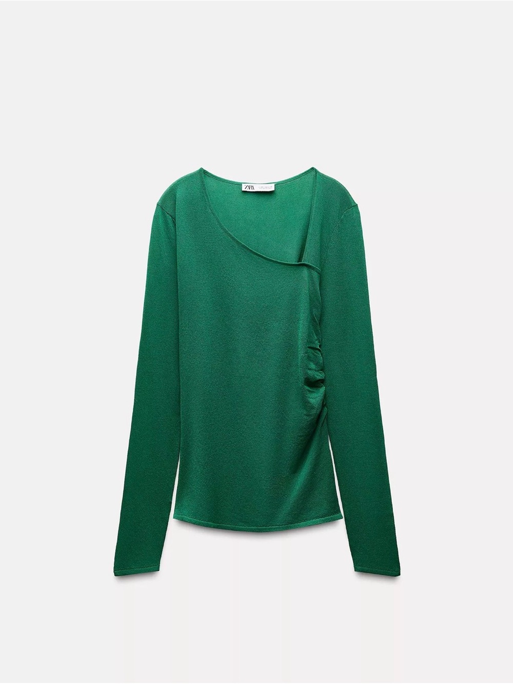 ZARA Emerald Green Long Sleeve Asymmetric Ruched Top